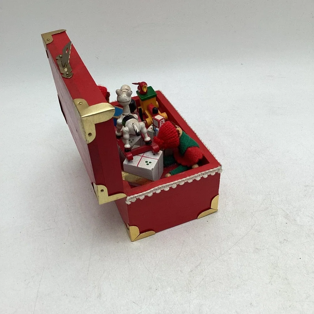 Vintage Christmas Toy Shop Musical Jewelry Box Red Wood Trunk Rocking Horse